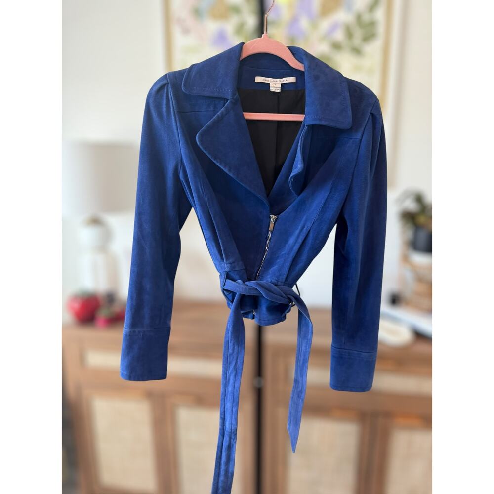 Diane Von Furstenberg DVF Suede Belted Cropped Moto Jacket Blue Womens Size 6
